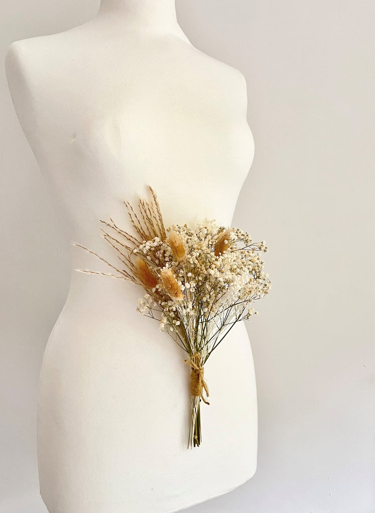 Close-up of Coco Dusk Flower Girl Bouquet highlighting Pampas and Gypsophila