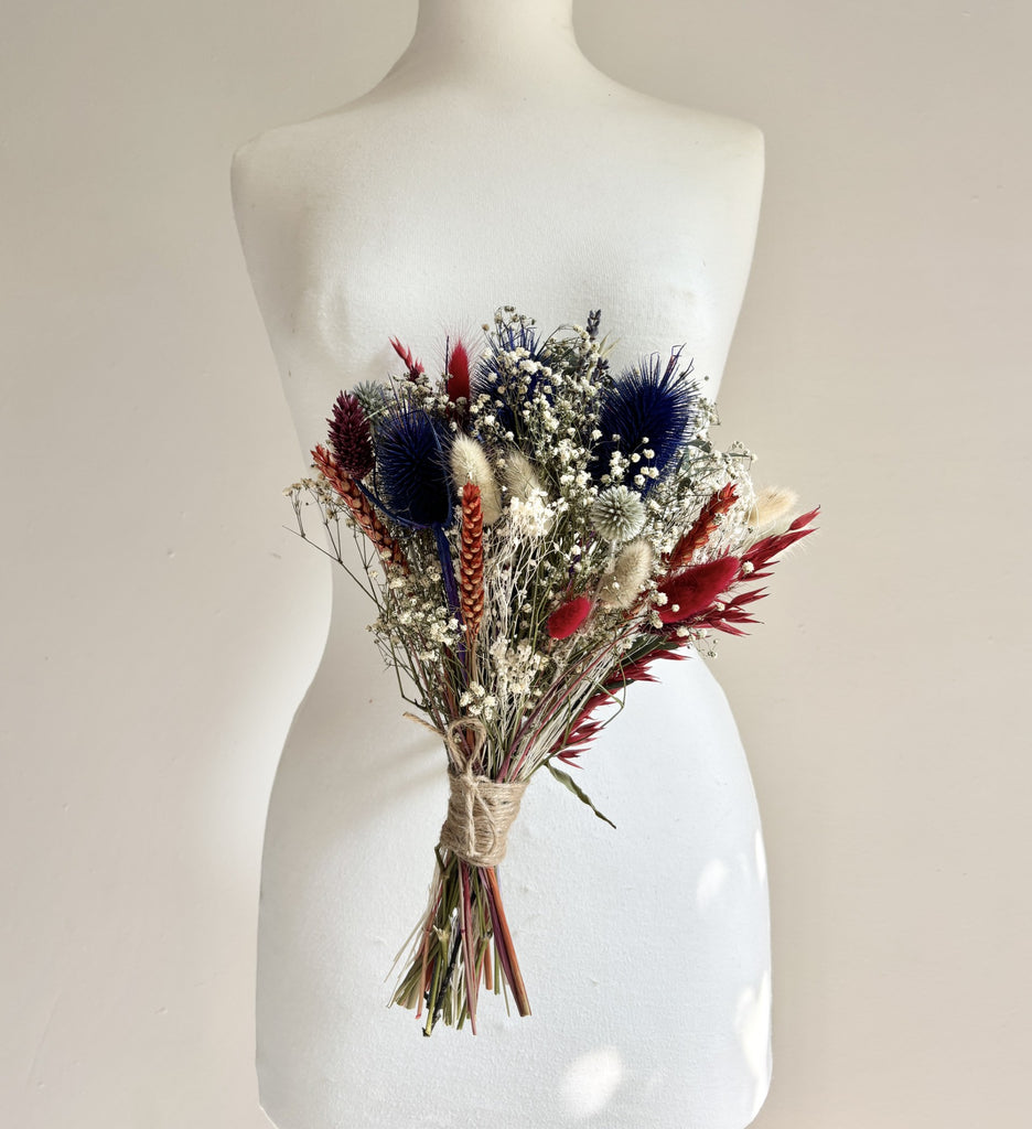 Dried flower bridal wedding bouquet, gypsophila, eucalyptus, corn, bunny tails, thistles - highland scotland bridesmaid bouque