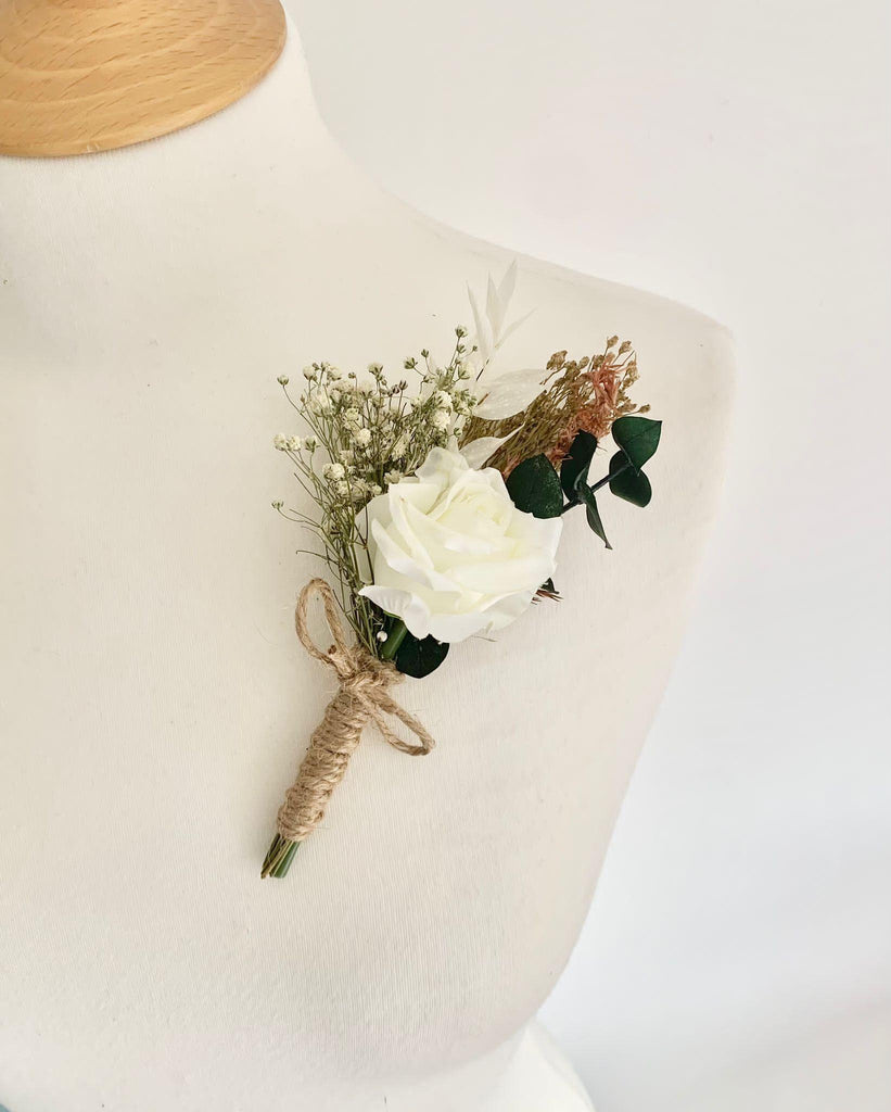 Dried Flower Buttonhole green white red burghandy, rose, eucalyptus, gypsophila, blush vintage style