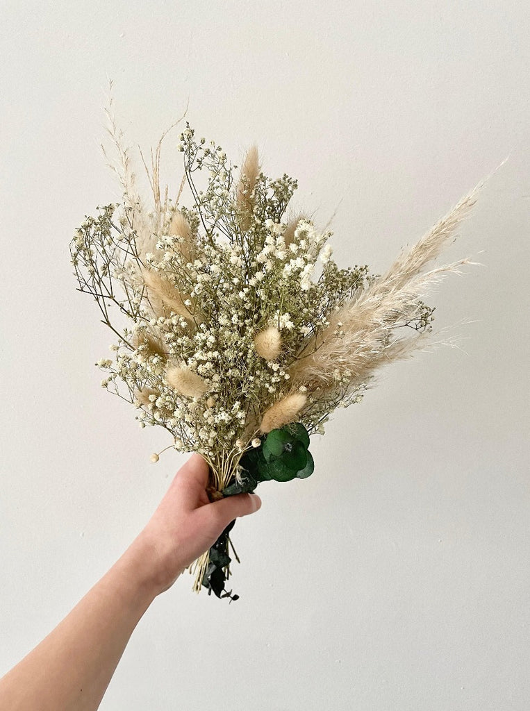 Dried flower bridesmaid wedding bouquet, gypsophilia, eucalyptus, pampas, ruscus, bunny tails - natural tone boho bridesmaid bouquet