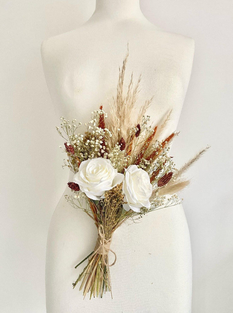 Burnt Orange Flower Girl Bouquet with faux silk roses, pampas, phalaris, and bunny tails, perfect for autumn or boho weddings.