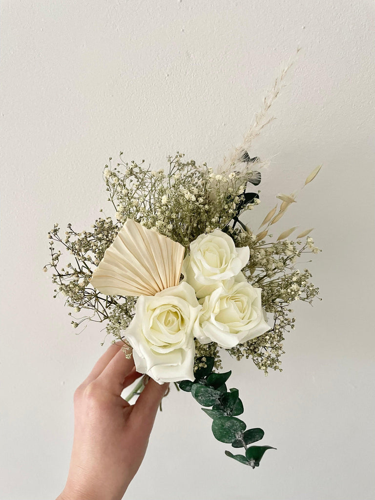 Elegant preserved Flower Girl Bouquet silk roses dried pampas grass white ruscus gypsophila