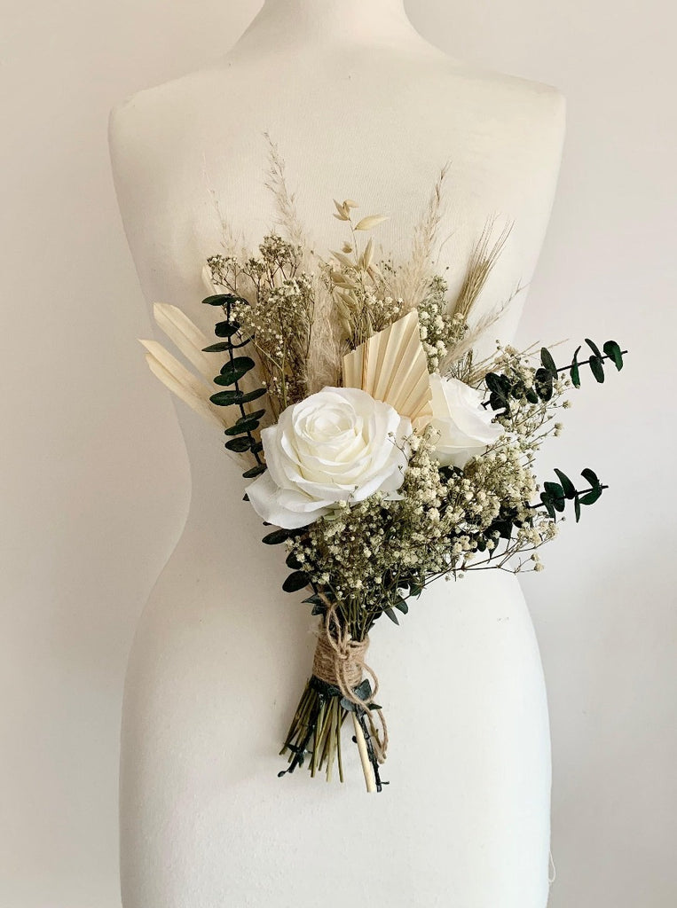 Classic bridesmaid bouquet with silk roses and dried pampas grass for summer or winter weddings